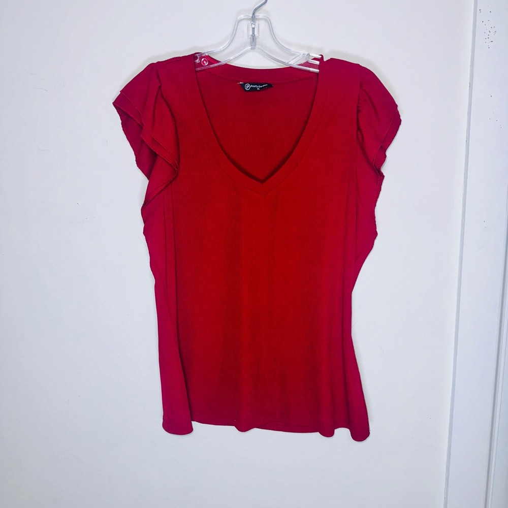 PrettyGarden Red Ribbed V-Neck Ruffle Cap Sleeve Knit Top XL